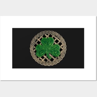 Celtic Knot Shamrock Black Background Posters and Art